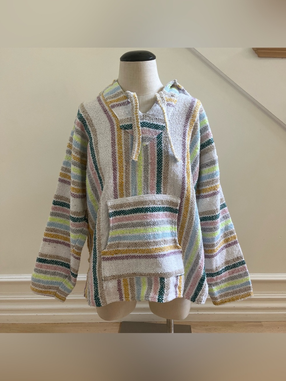 Pastel Rainbow Striped Baja Hoodie / Drug Rug Mexican Jerga
